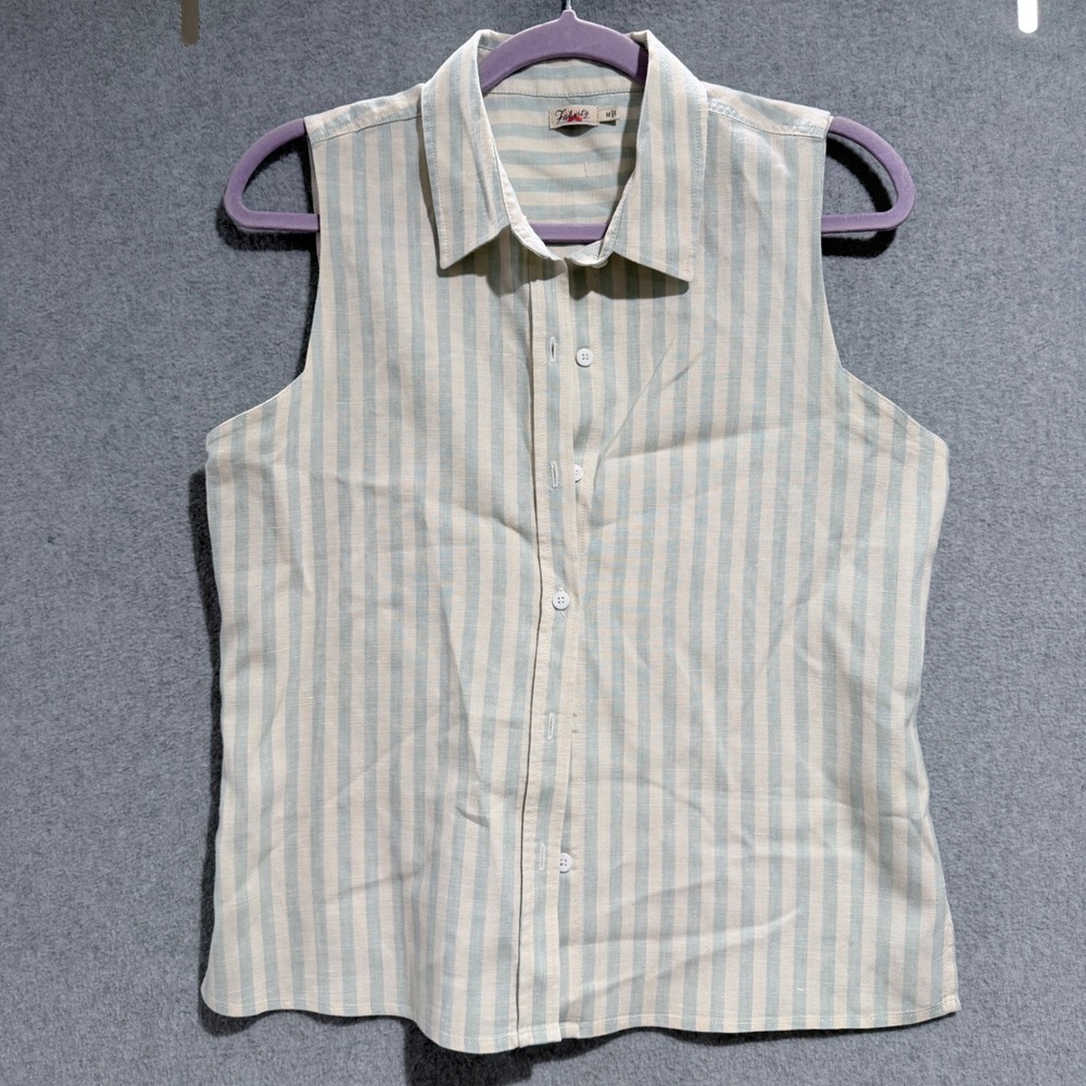 Faherty Womens Sleeveless Linen Blend Striped Button Down Shirt Blue Cream Med